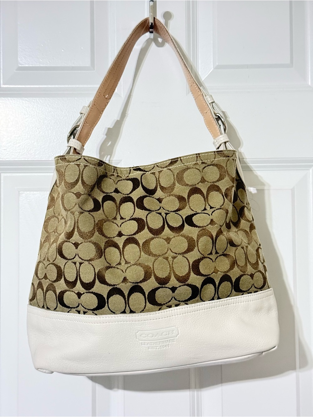 Coach Signature Khaki Canvas White Leather Trim Hobo Shoulder Bag